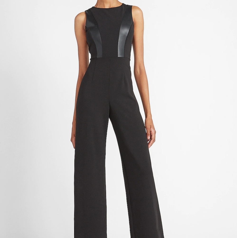 Express Vegan Leather Pieced Wide Leg Jumpsuit SzM